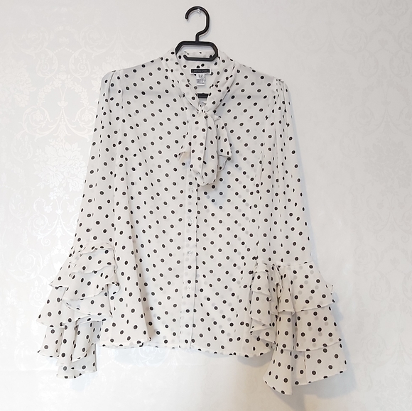 Another story Tie Neck Button Blouse tiered cuffs
